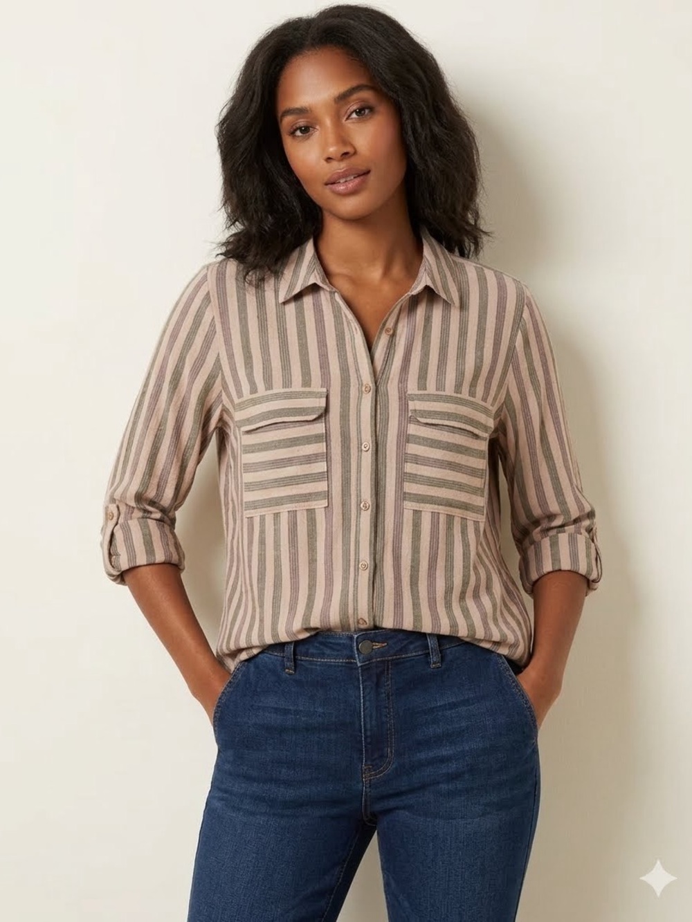 Flower & Feather Ladies Blouse Lightweight Crinkle Striped Plus Size Comfy 1XL